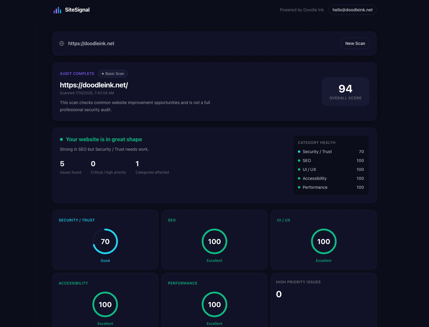 AI Website Checker audit results screenshot for doodleink.net