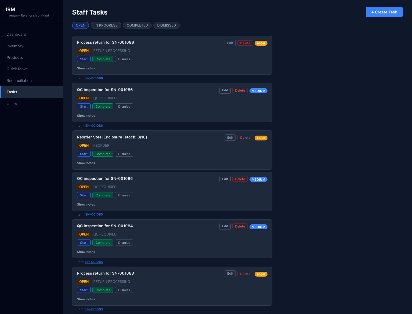 CRM inventory tasks board screenshot