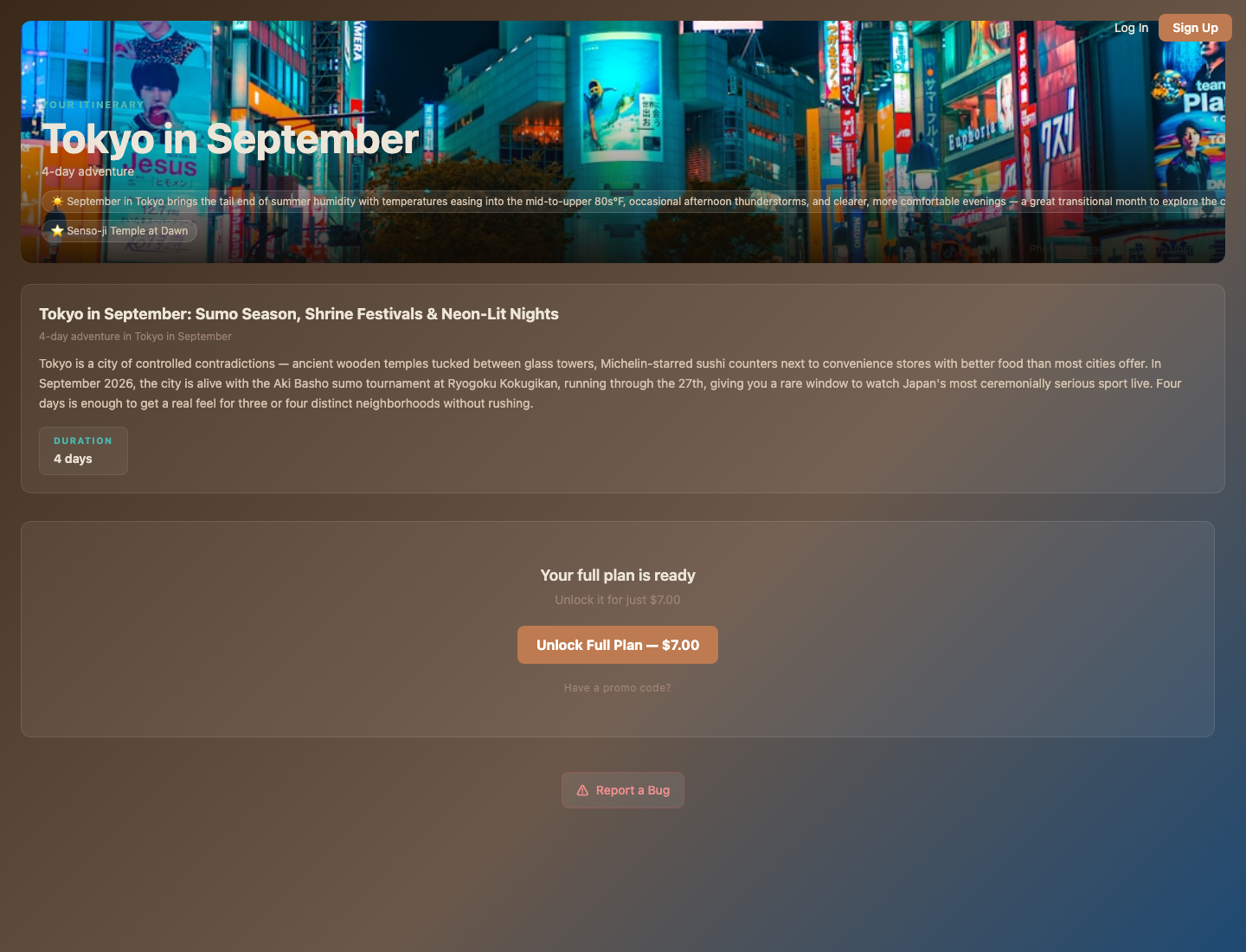 Generated Tokyo itinerary screenshot from The Travel Genie