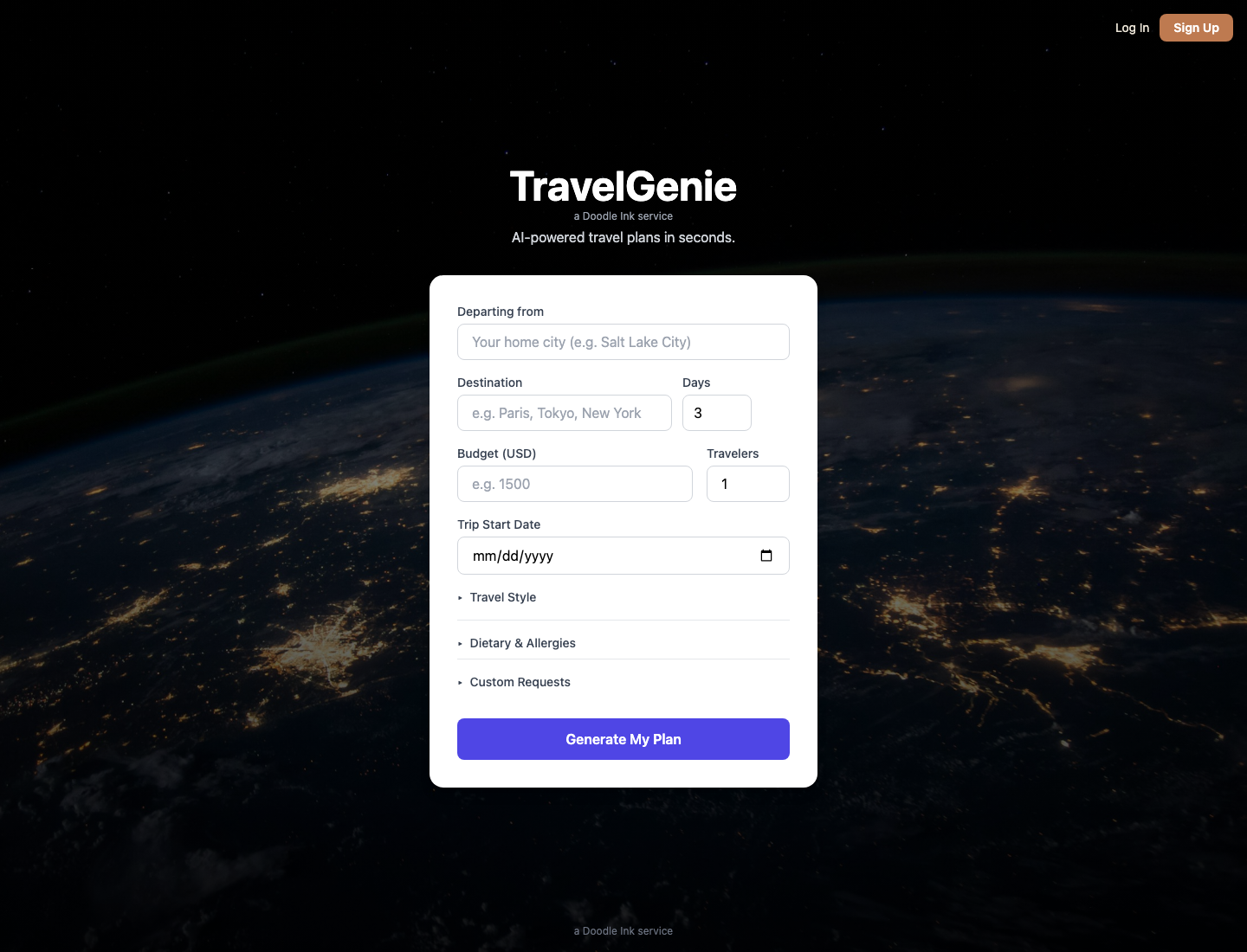The Travel Genie homepage desktop screenshot